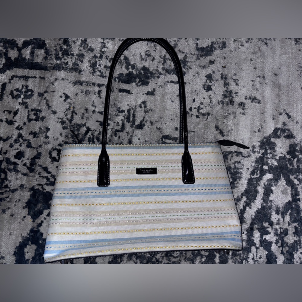Kate Spade New York Striped Canvas Tote Bag Pastel Multi Black Handles